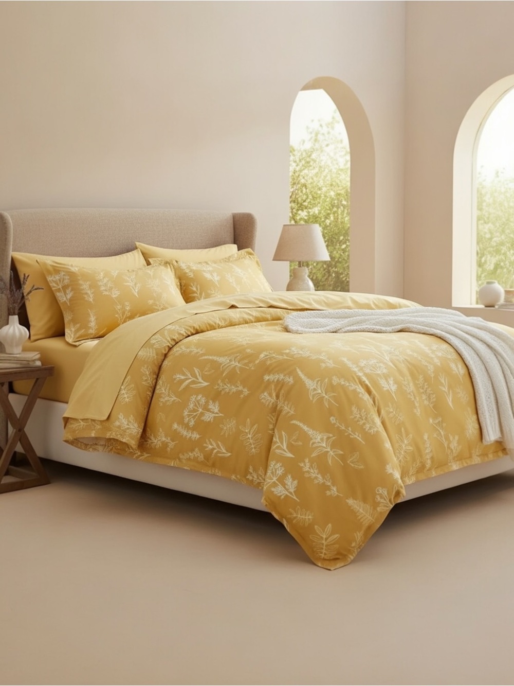 NEW Anthro 7 Piece Yellow Floral Boho Queen / King Bedding Comforter & Sham Set